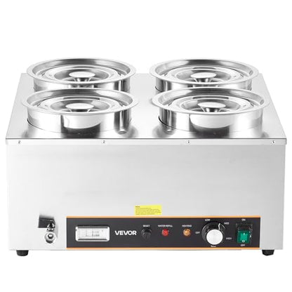 VEVOR Electric Soup Warmer, Four 6.34QT Stainless Steel Round Pot with 86~185°F Adjustable Temp, 1500W Commercial Bain Marie with Anti-Dry Burn and Reset Button, Soup Station for Restaurant, Buffet - size: 4×6L Pots