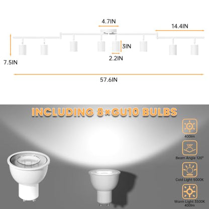 LED 8 Light Track Lighting Kit, 57.6" White 8 Way Ceiling Spotlights Fixture, 3 CCT Adjustable, with Flexibly Rotatable Light Heads for Kitchen, Living Room, Bedroom, Includes 8 x GU10 Bulb - color: White, size: 8