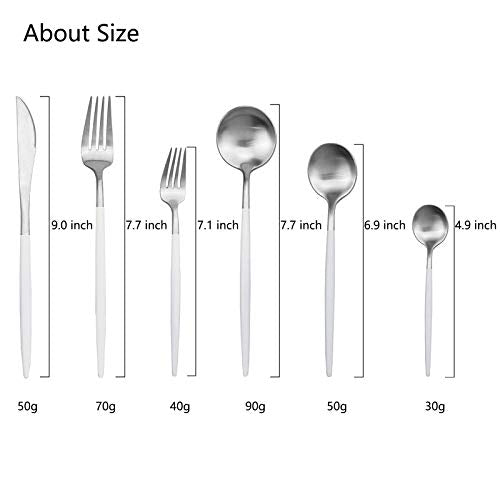 JASHII 18/10 White Handle Flatware Silver Silverware Set 304 Stainless Steel Flatware Cutlery Set| 24-Piece Adaline Royal Modern Satin Finish| BEST Birthday Wedding Gift (White Handle Matte Silver) - color: White Silver, size: Service for 4
