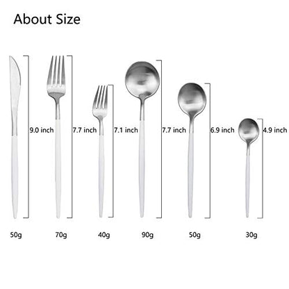 JASHII 18/10 White Handle Flatware Silver Silverware Set 304 Stainless Steel Flatware Cutlery Set| 24-Piece Adaline Royal Modern Satin Finish| BEST Birthday Wedding Gift (White Handle Matte Silver) - color: White Silver, size: Service for 4