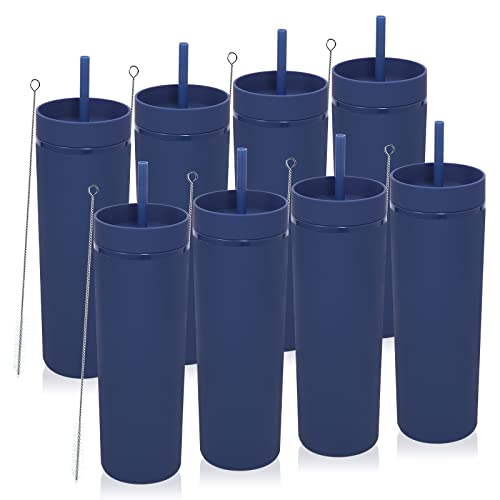 Volhoply 20oz Tumbler with Lid and Straw 8 Pack,Double Wall Plastic Skinny Tumblers Bulk,Reusable Travel Cute Coffee Mug,BPA Free Matte Acrylic Water Cups With Straw for Party,DIY Gifts(Navy, 8 Set) - color: Navy