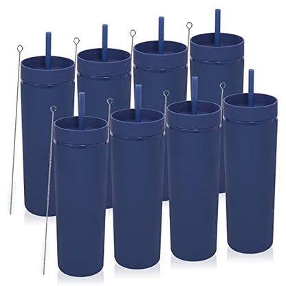 Volhoply 20oz Tumbler with Lid and Straw 8 Pack,Double Wall Plastic Skinny Tumblers Bulk,Reusable Travel Cute Coffee Mug,BPA Free Matte Acrylic Water Cups With Straw for Party,DIY Gifts(Navy, 8 Set) - color: Navy