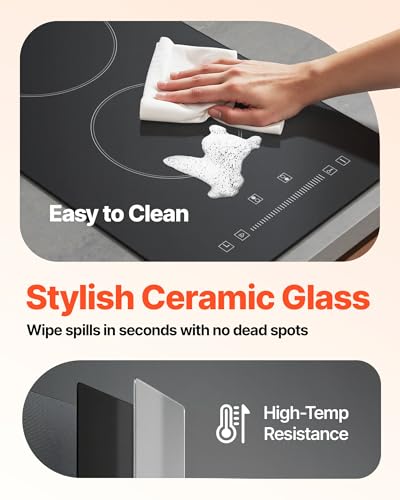 VEVOR Built in Electric Stove Top, 12 inch 2 Burners, 240V Glass Radiant Cooktop with Sensor Touch Control, Timer & Child Lock Included, 9 Power Levels for Simmer Steam Slow Cook Fry - size: 12 IN-2 Burner+Touch Control
