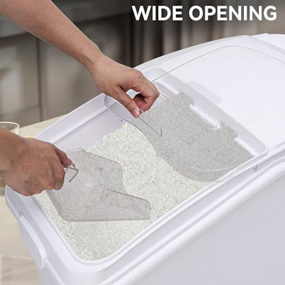 YITAHOME Commercial Rice Container Set of 2, Large Ingredient Storage Bin with Wheels, Lid, Cups & Scoop for Kitchen/Restaurant, 21 & 27 Gallon Bulk Flour Bin, White