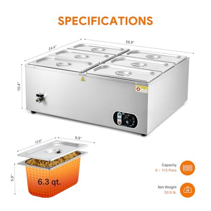 WILPREP Commercial Food Warmer with Six 1/3 Pans, 1500W Countertop Electric Warmer, 86-185°F Adjustable Temp Control & Over-Temp Protection, Stainless Steel Buffet Bain Marie - size: 1/3 pan*6