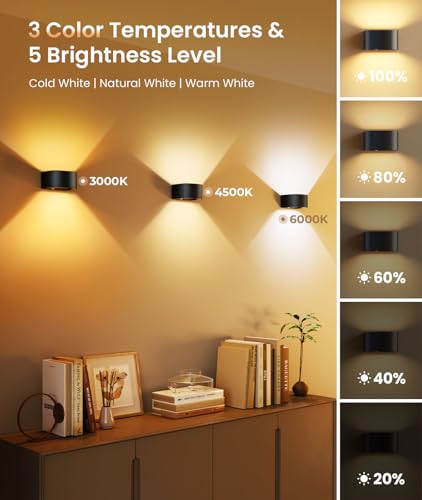 FULEN Motion Sensor Wall Light with Remote Control 3 Colors Wireless Wall Lamp LED Indoor Up and Down Wall Sconce 5000mAh Rechargeable Battery Powered Wall Lamps Brightness Adjustable, 2 Pack - color: Black - 2 Pack