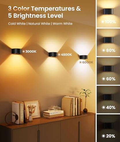 FULEN Motion Sensor Wall Light with Remote Control 3 Colors Wireless Wall Lamp LED Indoor Up and Down Wall Sconce 5000mAh Rechargeable Battery Powered Wall Lamps Brightness Adjustable, 2 Pack - color: Black - 2 Pack