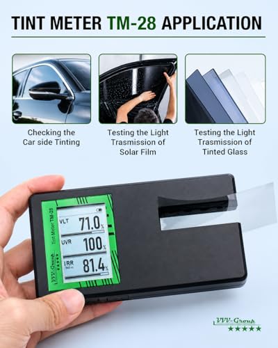Tint Meter TM-28 – Digital Window Tint Tester with 3-in-1 VLT, UVR & IRR Measurement, 15mm (0.56in) Slot, Auto Calibration, Rotatable Backlit Display, Rechargeable Battery