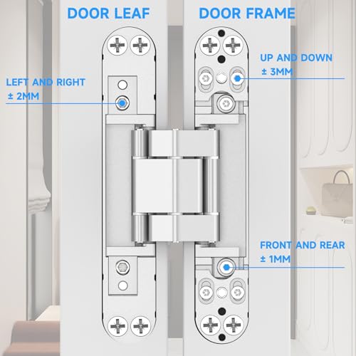 Hidden Door Hinges, 2 Pack 6 inch, 3 Way Adjustable 180° Concealed Hinge - color: Silver, size: 6 Inch