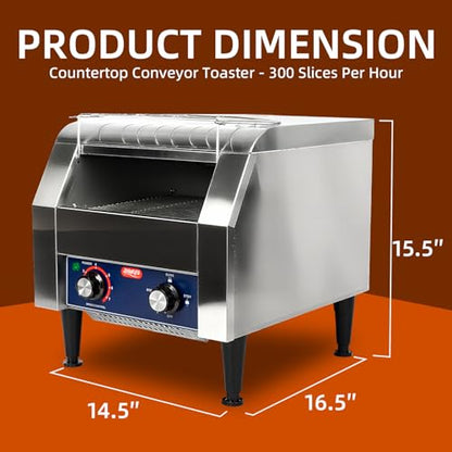 JOHAKYU Commercial Conveyor Toaster, 300 Slices/Hour Heavy Duty Stainless Steel Toaster for Buns, Bagels & Bread, Restaurant Grade with Cleaning Accessories