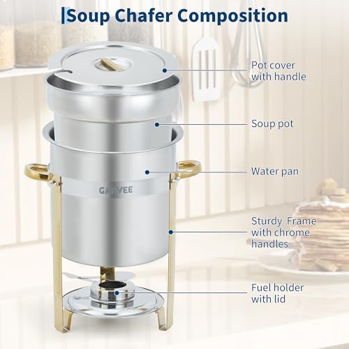 Garvee 2 Pack Round Soup Chafer, 11QT Stainless Steel Soup Warmer with Pot, Notched Lids & Fuel Holders, Commercial Food Warmer for Buffets Parties Wedding Banquets Catering, Gold - color: Gold, size: 11 QT-2 Pcs