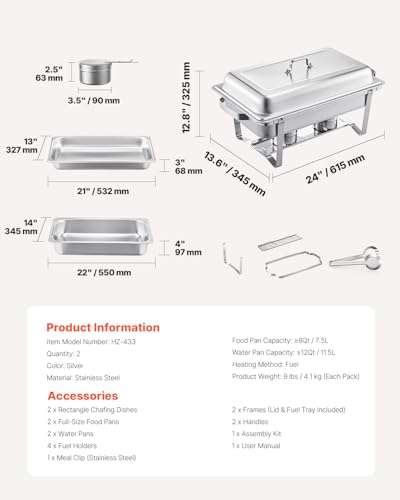 VEVOR Chafing Dish Buffet Set, 2 Pack Stainless Chafer with 2 Full Pans, Rectangle Catering Warmer Server with Lid Water Pan Folding Stand Fuel Tray Holder Clip - color: Silver, size: 2 Pack