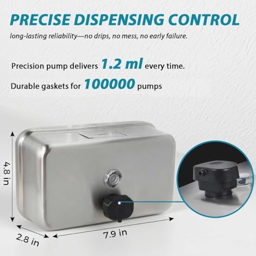 Commercial Soap Dispenser Wall Mount – Antirust Stainless Steel Soap Dispenser Liquid 38.8oz Large Capacity (Horizontal), Anti-Leak SUS304 Brushed Metal for Bathroom & High-Traffic Areas - size: Horizontal 38.8oz