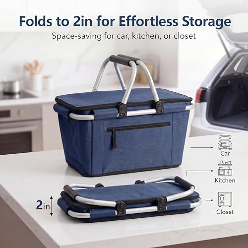 Picnic Basket, SIYUAN Collapsible Shopping Basket with Lid 27L Large Market Basket with Handles Reusable Folding Grocery Basket Insulated Cooler Bag for Picnic Travel, Blue - color: Blue