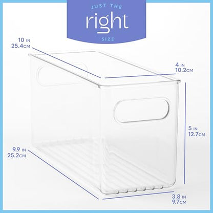 Plastic Food Storage 2 Pack Clear Container Bin with Handles for Organizing Kitchen, Pantry, Refrigerator, Freezer, Pantry, Cabinet, Closet, Bathroom. 10”x4”x5” - size: 10x4x5