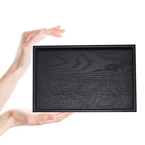 Solid Wood Serving Tray Rectangle Non-Slip Tea Coffee Snack Plate Food Meals Serving Tray with Raised Edges for Home Kitchen Restaurant(11.8x7.9x0.8, Black)