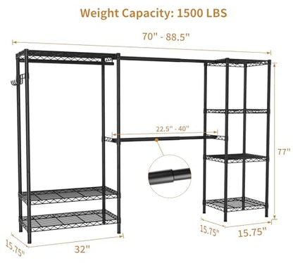 Golpart Heavy Duty Clothes Rack Metal Wardrobe with Adjustable Wire Shelves - color: Black, size: 15.75"D x (70~88.5)"W x 76.5"H
