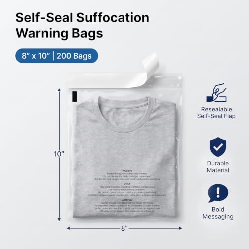 8” X 10” (200 Count) Self Seal Clear Poly Bags with Suffocation Warning - size: 8" X 10"