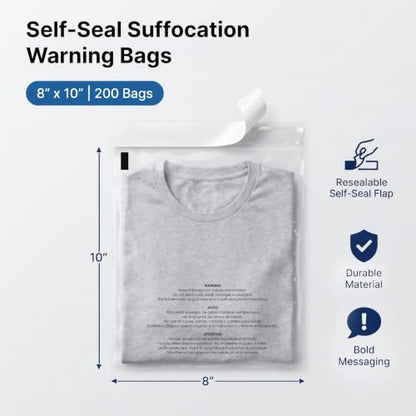 8” X 10” (200 Count) Self Seal Clear Poly Bags with Suffocation Warning - size: 8" X 10"