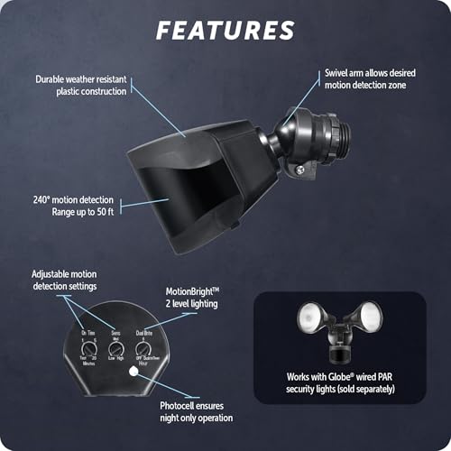 Globe Electric 240° Motion Sensor Replacement, MotionBright 2-Level Lighting, Adjustable SENS Dial, Manual Mode, Black Finish, Outdoor Security Light, 17000184 - color: Black