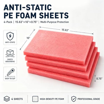 4 Pcs 14.8" x 9.5" x 0.8"Pink Polyethylene Foam Sheets,Cuttable Foam Inserts,Antistatic Foam Blocks Pad for Toolbox Camera Storage and Crafts Protection Shipping