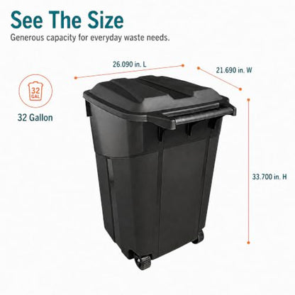 32 Gallon Wheeled Garbage Can with Attached Snap-Lock Lid, Black, 1-Pack - size: 32Square