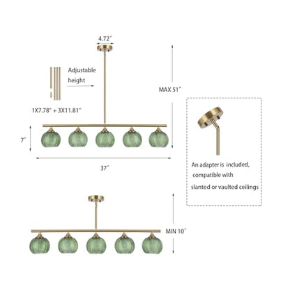 BYOLIIMA Modern Brushed Brass Linear Chandelier Green Striped Glass Shade 5-Lights Gold Mid Century Sputnik Globe Pendant Light Farmhouse Ceiling Hanging Light Fixture Dining Room Kitchen Island - color: Gold/Green