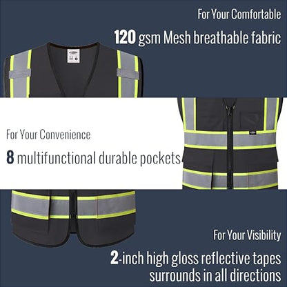JKSafety Safety Vest for men women Hi Vis Vest with Pockets and Zipper High Visibility Reflective Vests BX320 - color: Black, size: X-Large