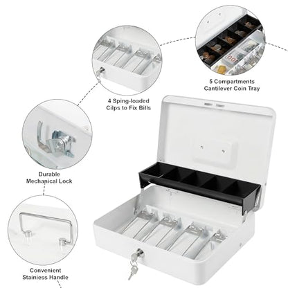 Locking Cash Box with Key Lock and Money Tray, Money Box, Lock Safe Box, Cash Money Lock Safe Box for Cash Register 11.8"x9.45"x3.54" (White Key) - color: White Key