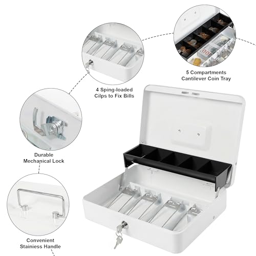 Locking Cash Box with Key Lock and Money Tray, Money Box, Lock Safe Box, Cash Money Lock Safe Box for Cash Register 11.8"x9.45"x3.54" (White Key) - color: White Key