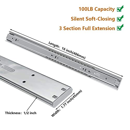 LONTAN 1 Pair Soft Close Drawer Slides 16 Inch Heavy Duty Cabinet Rails - color: Silver-Soft Close, size: 16 Inch - Drawer Slide