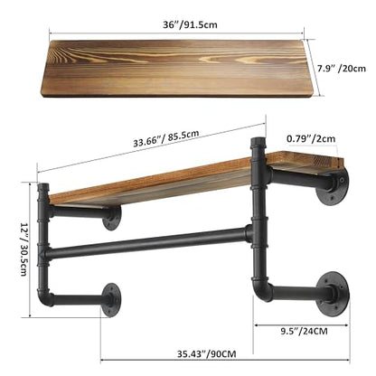 WEBI Wall Mounted Clothes Rack with Shelf,36" Industrial Pipe Clothing Rack with Shelf with Hanging Rod,Heavy Duty Iron Garment Rack Bar,Retail Display Clothes Rod for Laundry Room,Closet,Black - color: Black, size: 36 Inch