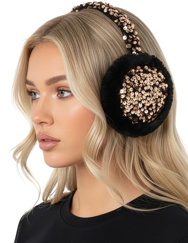 Funky Junque Women’s Winter Earmuffs - Cable Knit & Sequin - color: Sequin - Gold