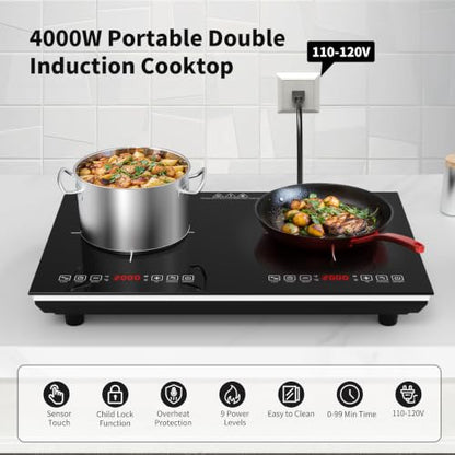 VBGK Double Induction Cooktop,110V 4000W Electric burner,2 burner Hot Plate LED Sensor Touch Energy-Saving induction stove top with Child Safety Lock & Timer 2 burner induction cooktop