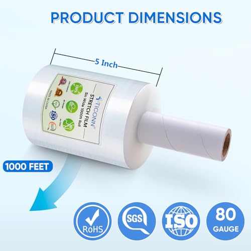 TICONN Stretch Wrap Roll, 5 in x 1000 ft Plastic Wrap for Moving Furniture - style: 5''-2PK