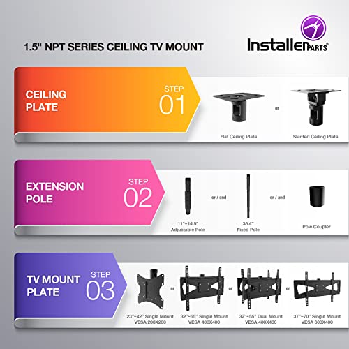 InstallerParts 220~370mm (8.66~14.57") Adjustable Length Ceiling Mount TV 1.5" NPT Extension Pipe - Compatible with All Installerparts 1.5" NPT TV Mount Components