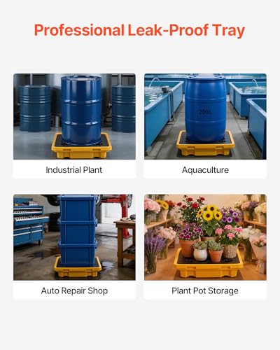 VEVOR Spill Containment Pallet, 1 Drum Low Profile Spill Containment Modular Platform, 11.4 Gallon Sump, 1543 lbs Load Capacity, Heavy-Duty Polyethylene Tray with Drain, 26.4" x 26.6" x 5.9", Yellow