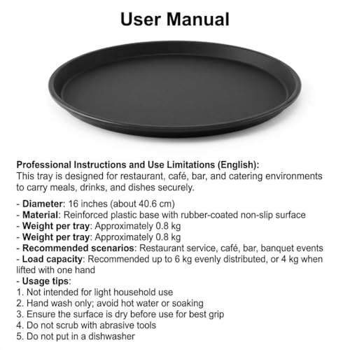 QWORK 16-Inch Round Non-Slip Serving Trays – 4 Pack Rubber Surface Plastic Tray Set for Restaurant, Café & Bar