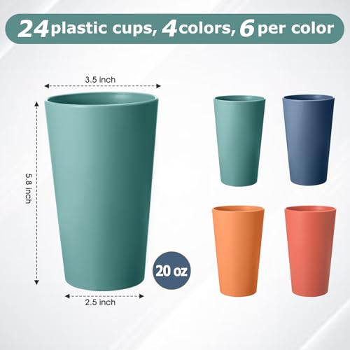 24 Pcs Unbreakable Plastic Cups Set, 20 oz Reusable Plastic Cups, Stackable Water Tumblers, Drinking Cup for Kitchen, Outdoor, BPA-free, Dishwasher Refrigerator and Microwave Safe (20 oz, 4 Colors) - color: 4-Dark Multicolor, size: 20 oz