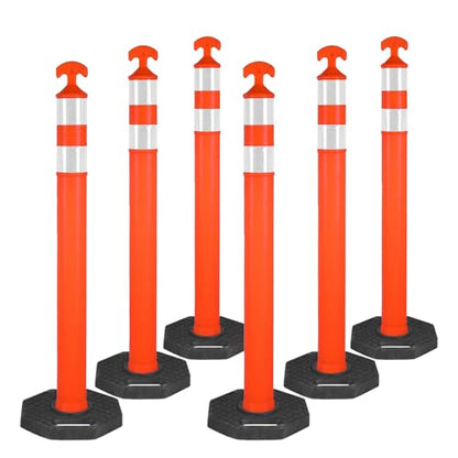42" Traffic Delineator Posts, Tall Safety Traffic Cones with Reflective Collars and Weighted Base for Construction, Road Work, Parking Lot Control (6 Packs)