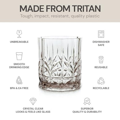BELLAFORTE Shatterproof Tritan Plastic Short Tumbler, Set of 4, 13oz - Myrtle Beach Unbreakable Crystal Cut Old Fashioned Drinking Glasses for Whiskey - BPA Free - Dishwasher Safe - Grey - color: Gray