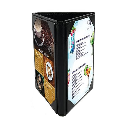 Leather Table Tent Leather Menu Holder Sign Display Black Menu Covers for Cafes Bars or Restaurant for 4×6 Inch Menus 3 sided triangle shape table tent 1 pack - size: 1 pack/ 4" × 6"/3-side