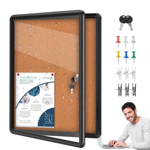 26"x20" Enclosed Cork Bulletin Board Waterproof Display Case,Aluminium Fram - color: Black Frame / Cork, size: 26" x 20"