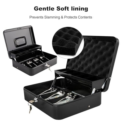 Cash Box with Key Lock & Foam Auto-Pop Coin Tray – Secure Steel Money Box with 4 Upgraded Finger-Safe Bill Clips, Premium Smooth Scratch-Resistant Coating, 11.8"L x 9.5"W x 3.5"H, KL Black - color: KL Black