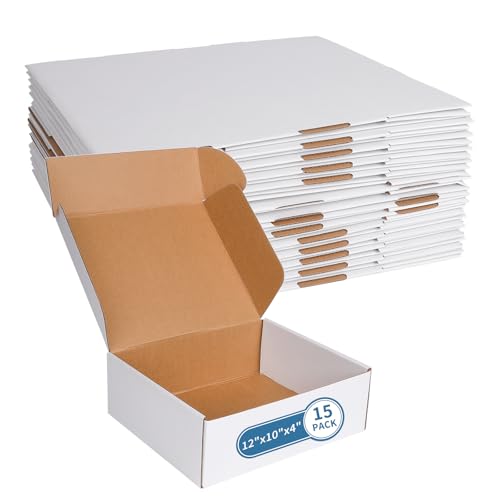 Fishat 12" x 10" x 4" White Corrugated Cardboard Shipping Boxes Set of 15 - size: 12" x 10" x 4"