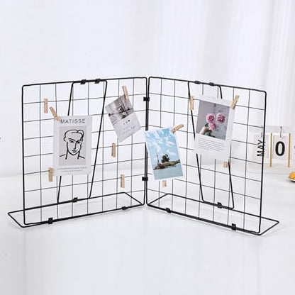 Photo Display Rack, Note Display Rack, Double-sided Photo Metal Rack, Suitable for Use As a Home Desk Photo Organizer, With 20 Wooden Clips, Black - color: Two Grid-Black