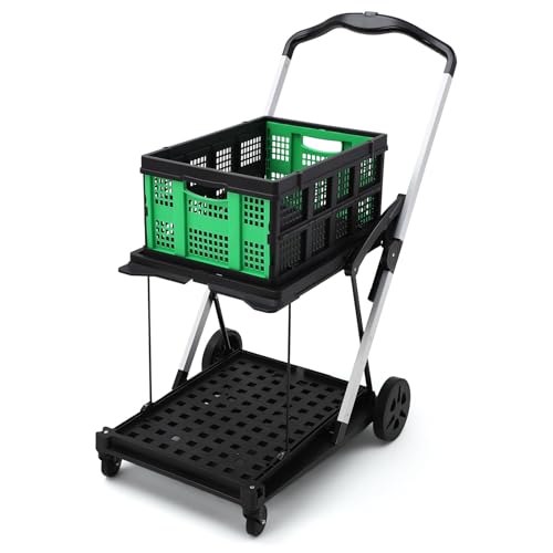 2 Tier Folding Shopping Carts for Groceries, 198 LB Capacity, Collapsible Portable Grocery Cart with Wheels & Removable Crate, Lightweight Foldable Shopping Trolley for Mall Market, Green - color: Green