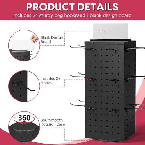 Rotating Pegboard Display Stand With 24 Hooks ,Metal Spinning Peg Board Displays, Desk Pegboard,Merchandise Display Rack for Selling Accessories Vendors & Events Retail Craft Shows & Fairs ( Black) - color: Black