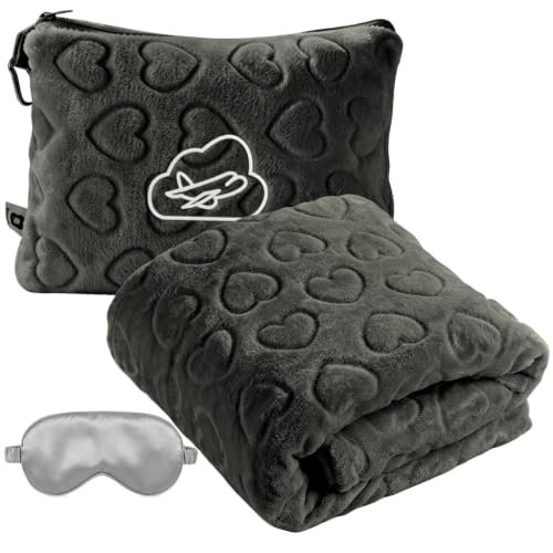 Travel Blanket, Airplane Blanket, Ultra-Soft, Warm & Lightweight, 65x40 in, Outdoor Blanket Essentials for Women, Men & Kids, Included Eye Mask, Luggage Sleeve & Backpack Clip Heart Grey - color: Heart Dusty Gray