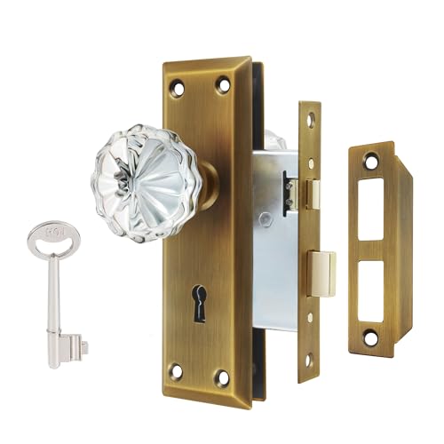 Mortise Lock Set Interior Door, Crystal Glass Door Knobs with Lock and Skeleton Key, Old Door Knob Replacement, Vintage Antique Door Handle, Antique Brass Finish - color: Antique Brass, size: Mortise(1 Pack)